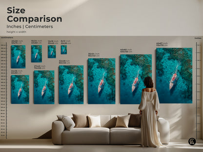 Visualize yacht artwork sizes with our size comparison. See how different sizes fit above a sofa. Choose from various dimensions in inches and centimeters. This artwork is available as canvas or poster prints to enhance your decor.