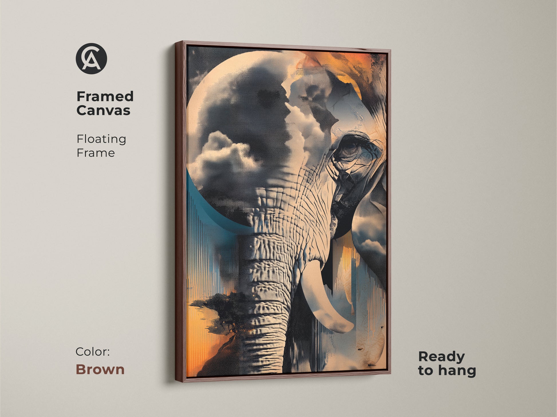 Framed canvas art of a surreal elephant in a brown floating frame. The abstract animal artwork features teal blue and orange hues. This eclectic decor combines nature and dreamlike elements. This is a distinctive piece for living rooms. A housewarming gift idea for admirers of surrealism ready to hang.