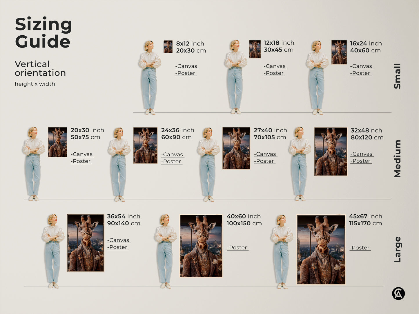 Sizing guide shows the giraffe artwork in various vertical orientations. This artwork comes in canvas or poster. It is displayed next to people to show the height to width ratio for each size.