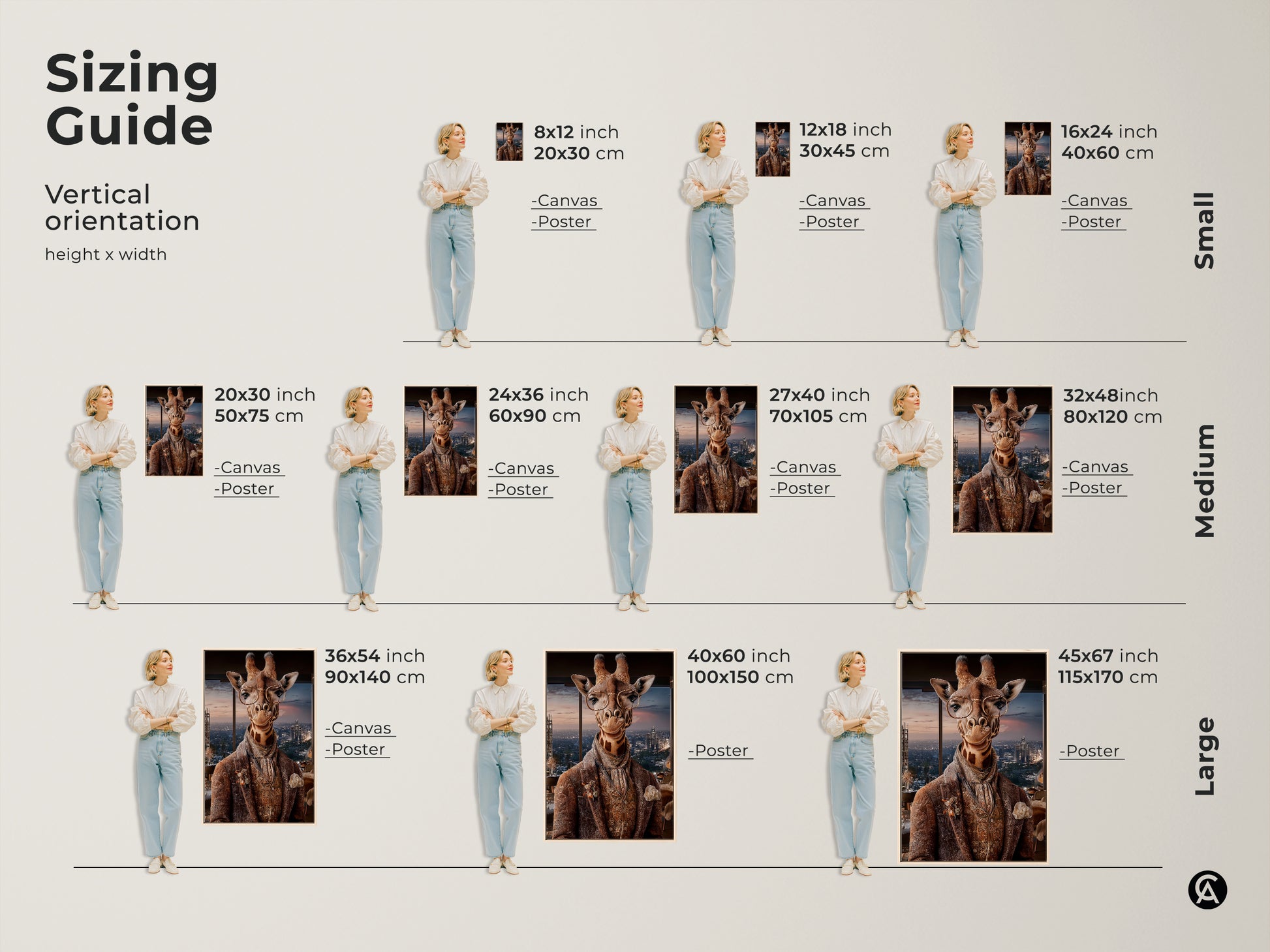 Sizing guide shows the giraffe artwork in various vertical orientations. This artwork comes in canvas or poster. It is displayed next to people to show the height to width ratio for each size.