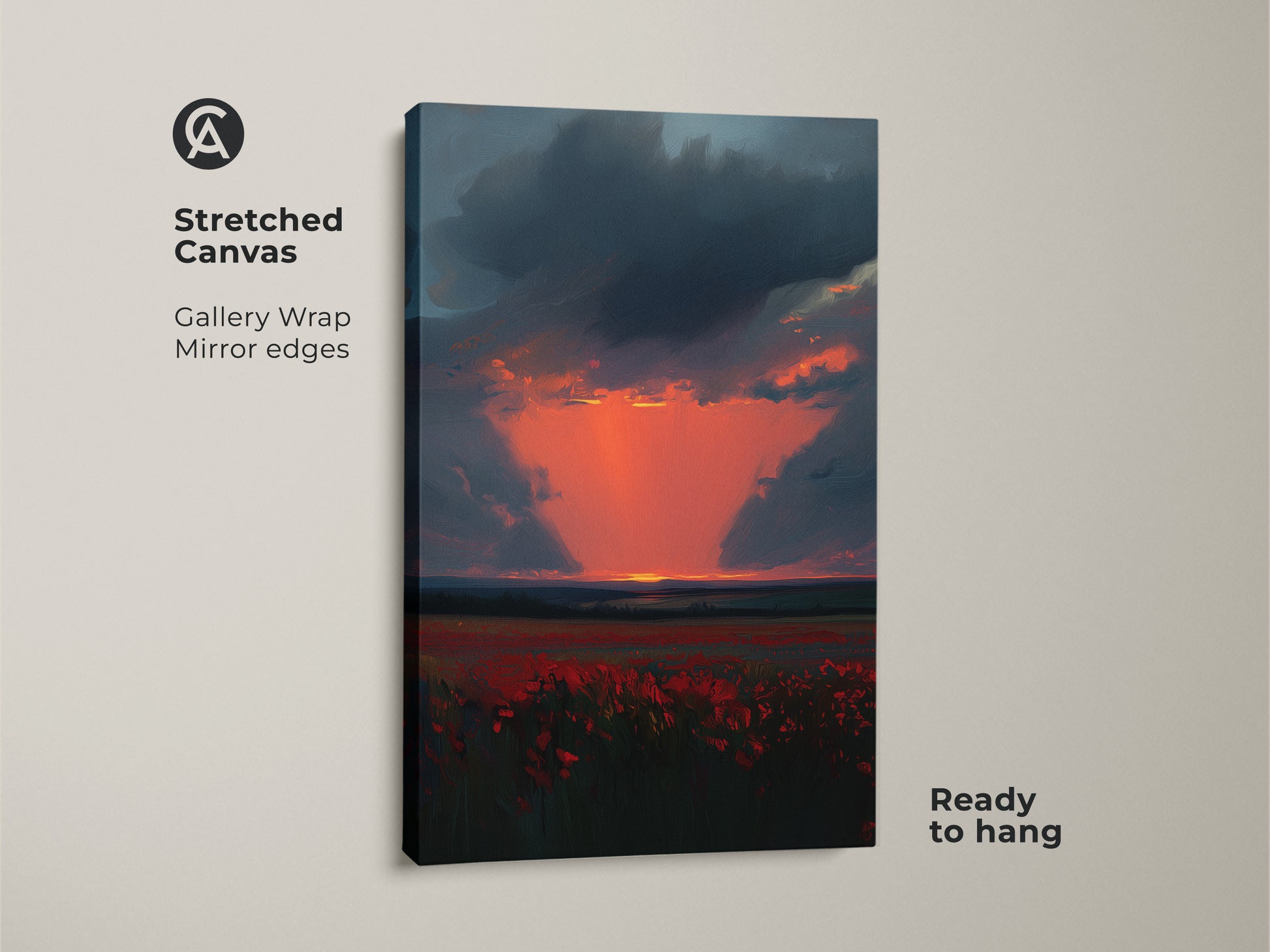 Stretched Canvas of a Crimson Poppy Field at Sunset. This gallery wrap features mirror edges. The dark blue sky and vibrant orange sunset create a dramatic scene. It is ready to hang for easy display.