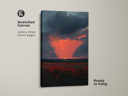 Stretched Canvas of a Crimson Poppy Field at Sunset. This gallery wrap features mirror edges. The dark blue sky and vibrant orange sunset create a dramatic scene. It is ready to hang for easy display.