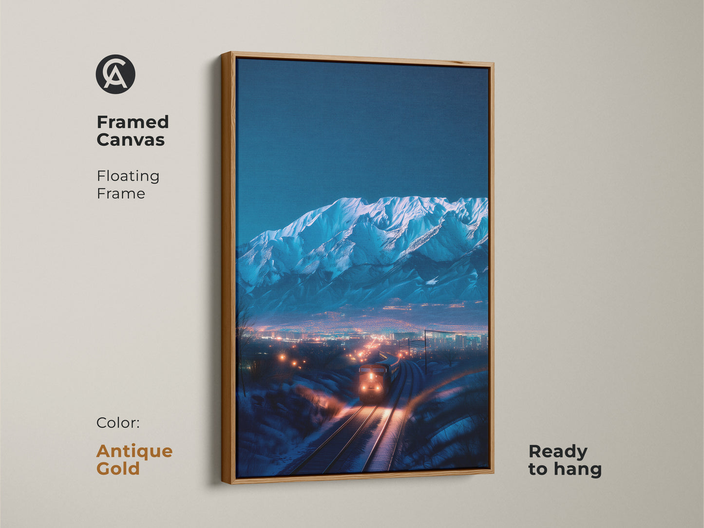 Framed canvas presents indigo mountains. A train heads towards a cityscape. Antique gold floating frame enhances any space. The ready to hang canvas brings modern art appeal. This unique print offers a winter landscape gift.
