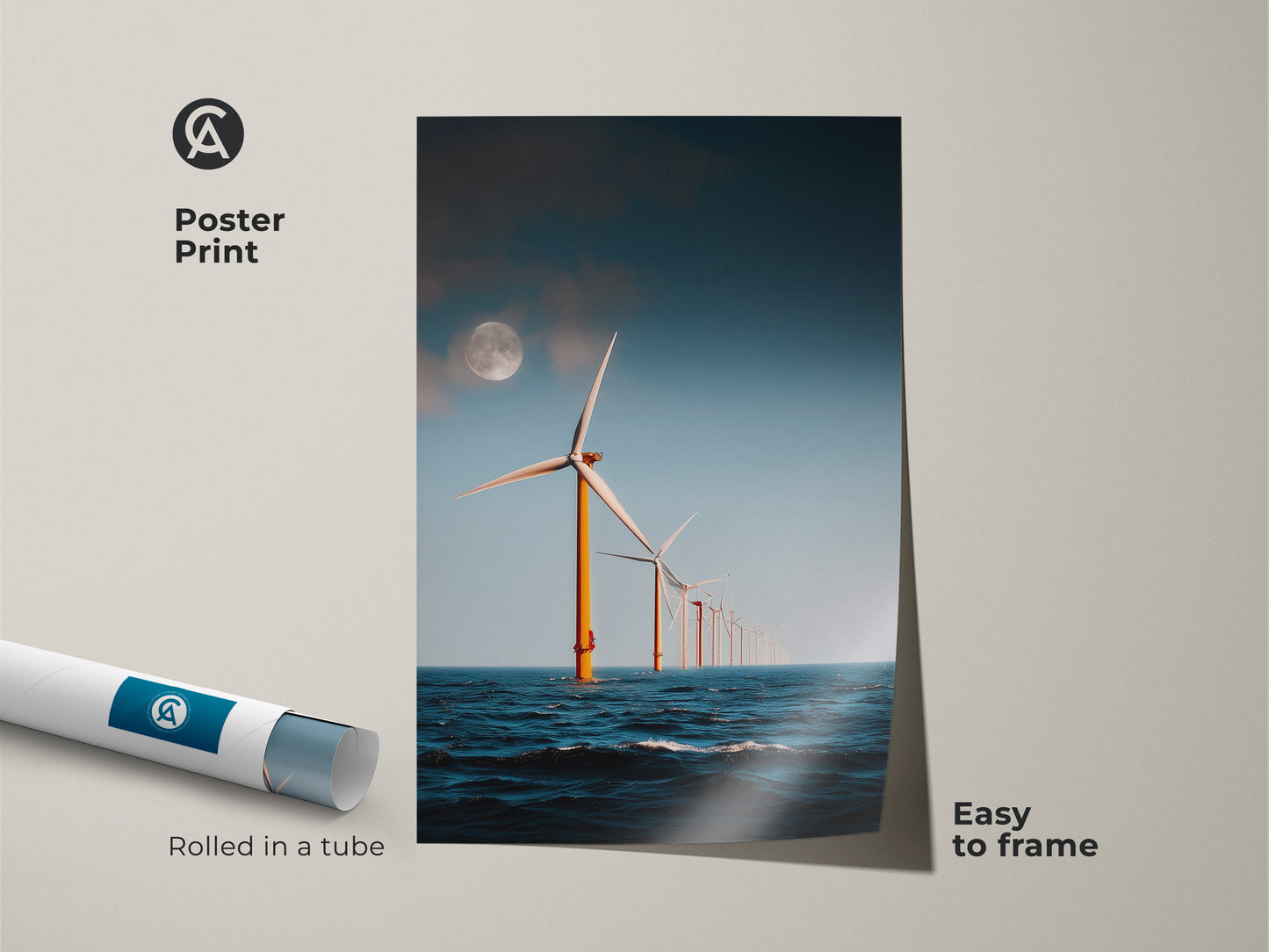 Poster Print of Moonlit Ocean Wind Turbine Artwork. This modern minimalist seascape shows offshore wind turbines under a moonlit sky. Rolled in a tube and easy to frame this industrial landscape wall decor makes a unique eco home gift. Ideal for modern spaces.