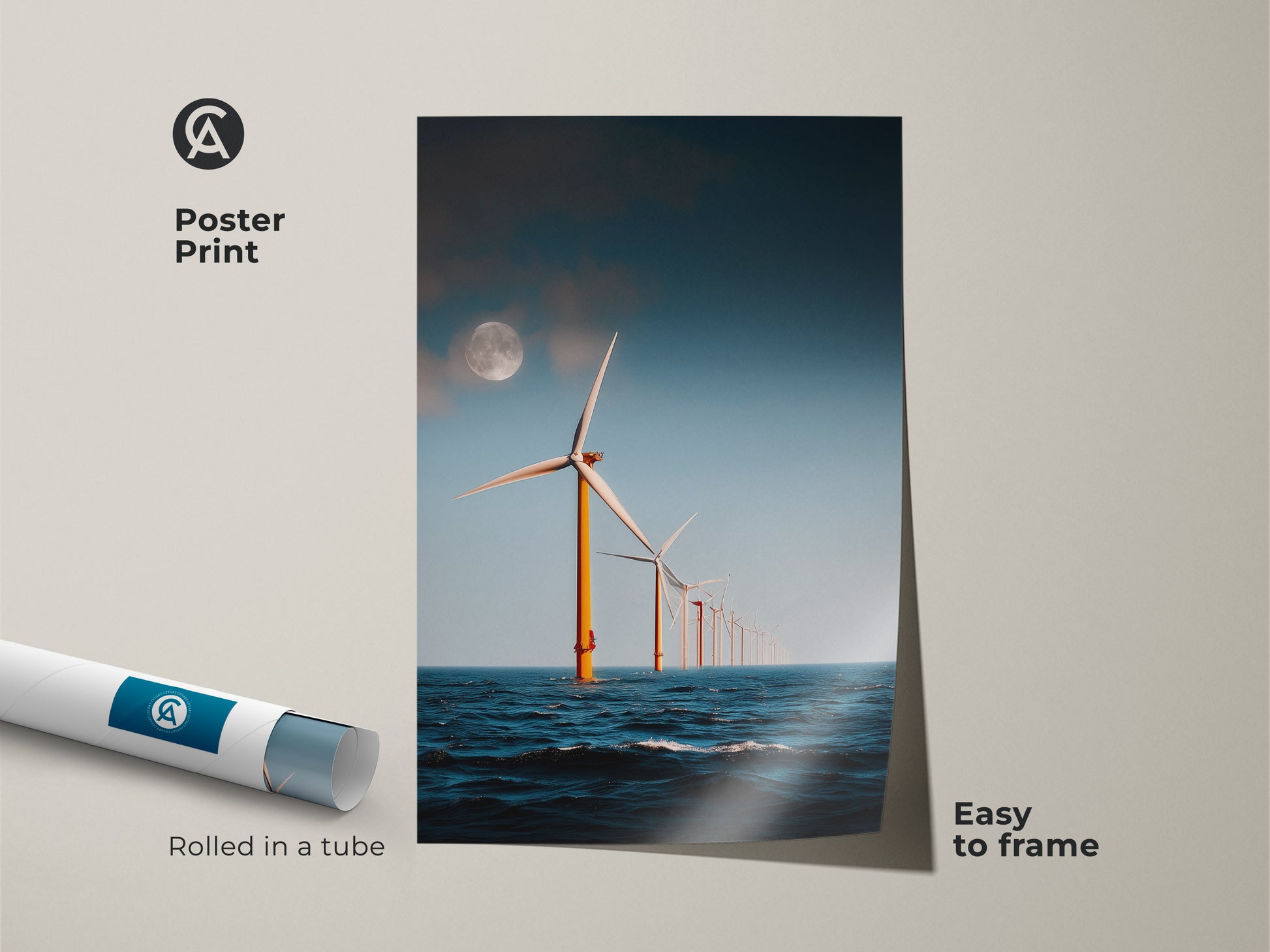 Poster Print of Moonlit Ocean Wind Turbine Artwork. This modern minimalist seascape shows offshore wind turbines under a moonlit sky. Rolled in a tube and easy to frame this industrial landscape wall decor makes a unique eco home gift. Ideal for modern spaces.