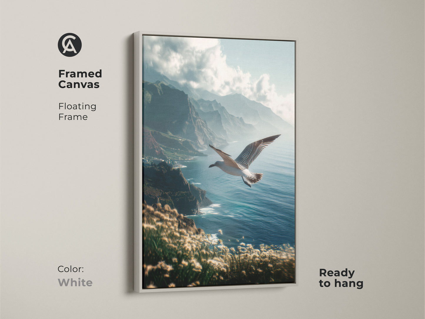 White Framed Canvas Print featuring a photorealistic seagull over ocean cliffs. The floating frame complements this ocean blue beach house decor. Ready to hang this artwork adds a touch of seaside charm to any space.