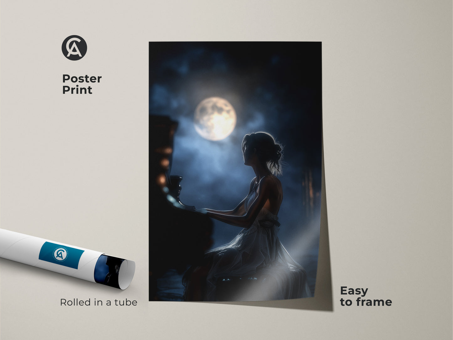 Discover this poster print of a piano woman beneath a moonlit night. Rolled in a tube for easy framing this romantic music art piece brings dreamy bedroom decor to any space. The navy and white art print adds sophistication. A great gift for musicians looking for contemporary music decor.