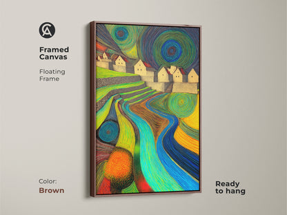 This canvas art print framed in brown shows an abstract landscape. Green blue and yellow hues bring out the terraced hills and river. Ready to hang this eclectic piece adds a warm touch to any room. Its a great housewarming present.