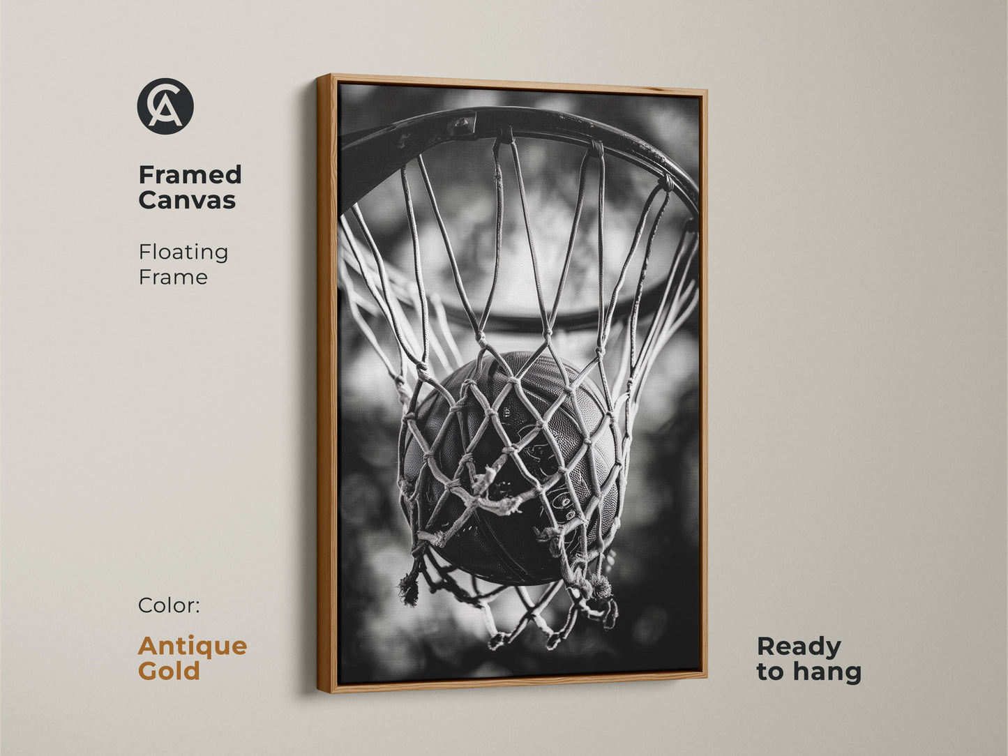 Antique gold framed basketball canvas art. This floating frame canvas is ready to hang. The antique gold frame adds a unique touch to the black and white basketball art. Perfect for adding a sporty yet elegant look.