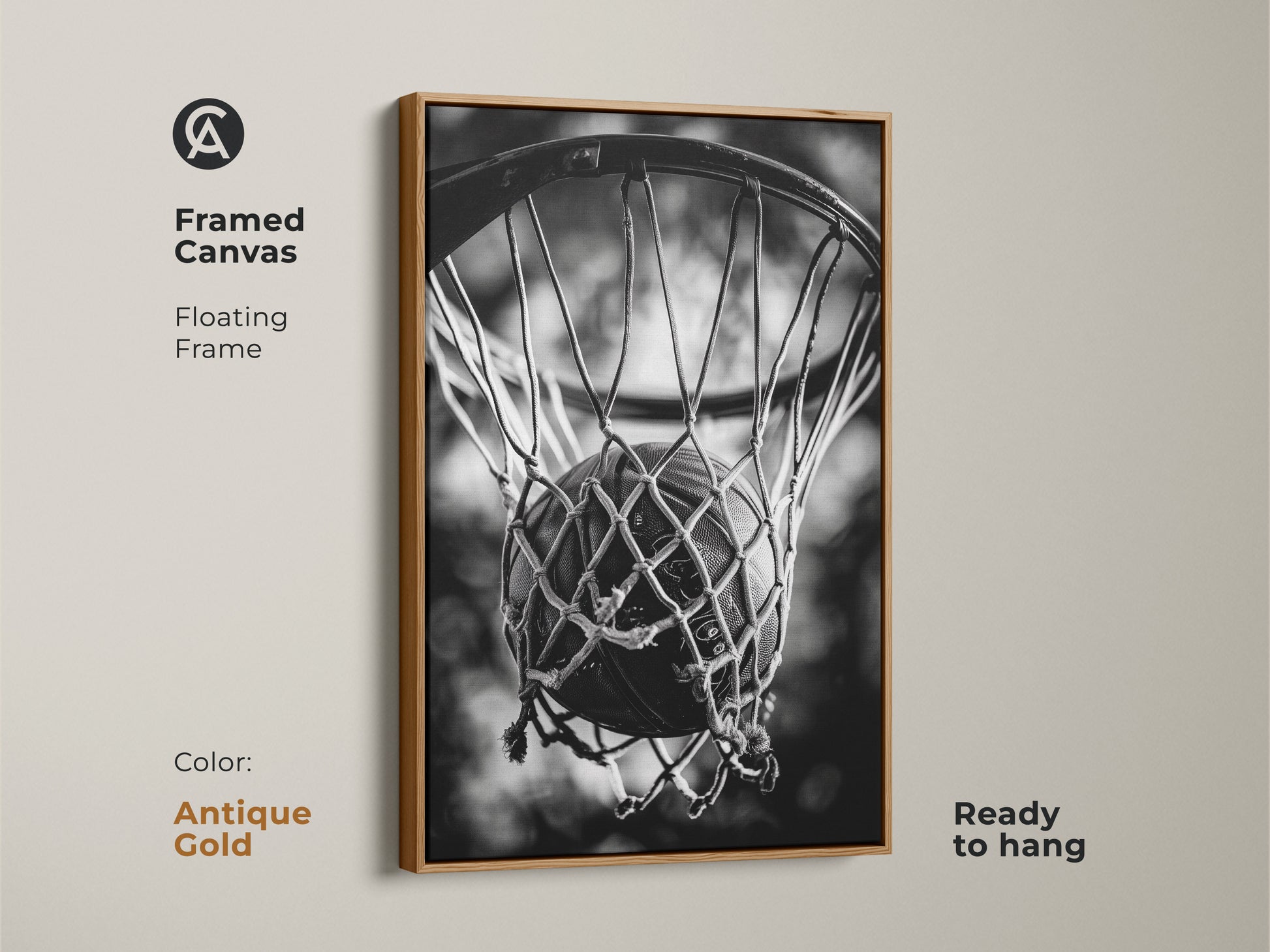 Antique gold framed basketball canvas art. This floating frame canvas is ready to hang. The antique gold frame adds a unique touch to the black and white basketball art. Perfect for adding a sporty yet elegant look.