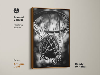 Antique gold framed basketball canvas art. This floating frame canvas is ready to hang. The antique gold frame adds a unique touch to the black and white basketball art. Perfect for adding a sporty yet elegant look.