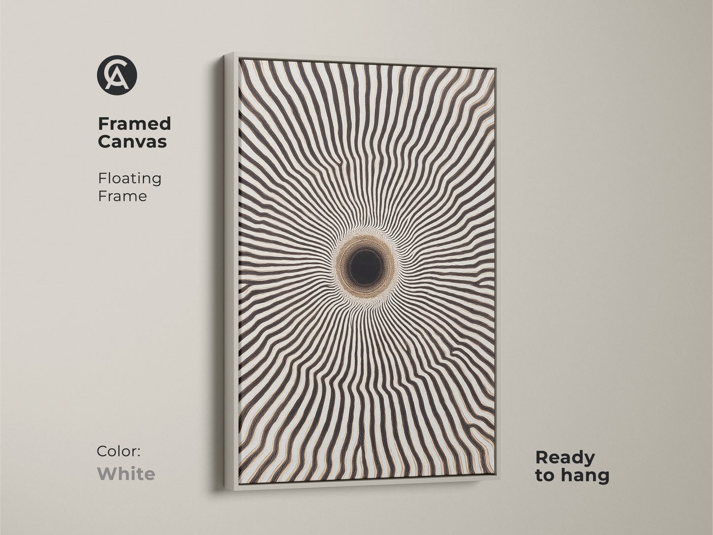 White framed canvas of op art canvas print. This geometric wall art is ready to hang. The contemporary abstract print adds a modern touch to your living space. Its minimalist style complements any decor.