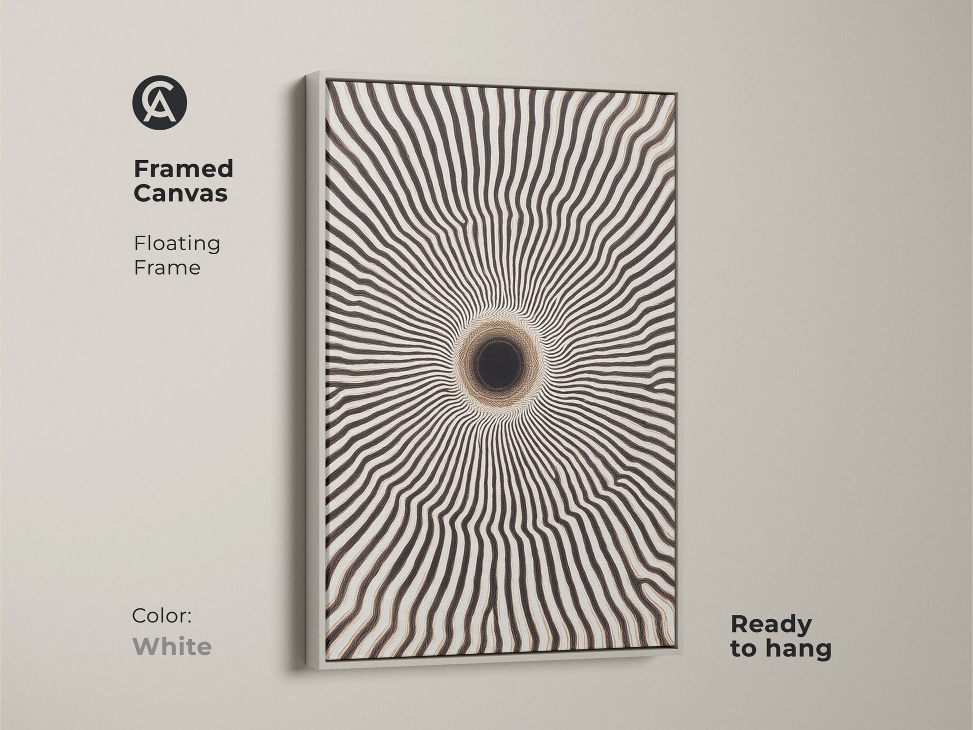 White framed canvas of op art canvas print. This geometric wall art is ready to hang. The contemporary abstract print adds a modern touch to your living space. Its minimalist style complements any decor.