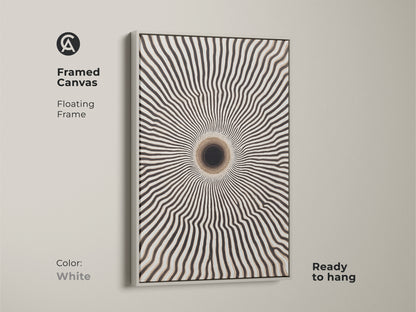White framed canvas of op art canvas print. This geometric wall art is ready to hang. The contemporary abstract print adds a modern touch to your living space. Its minimalist style complements any decor.