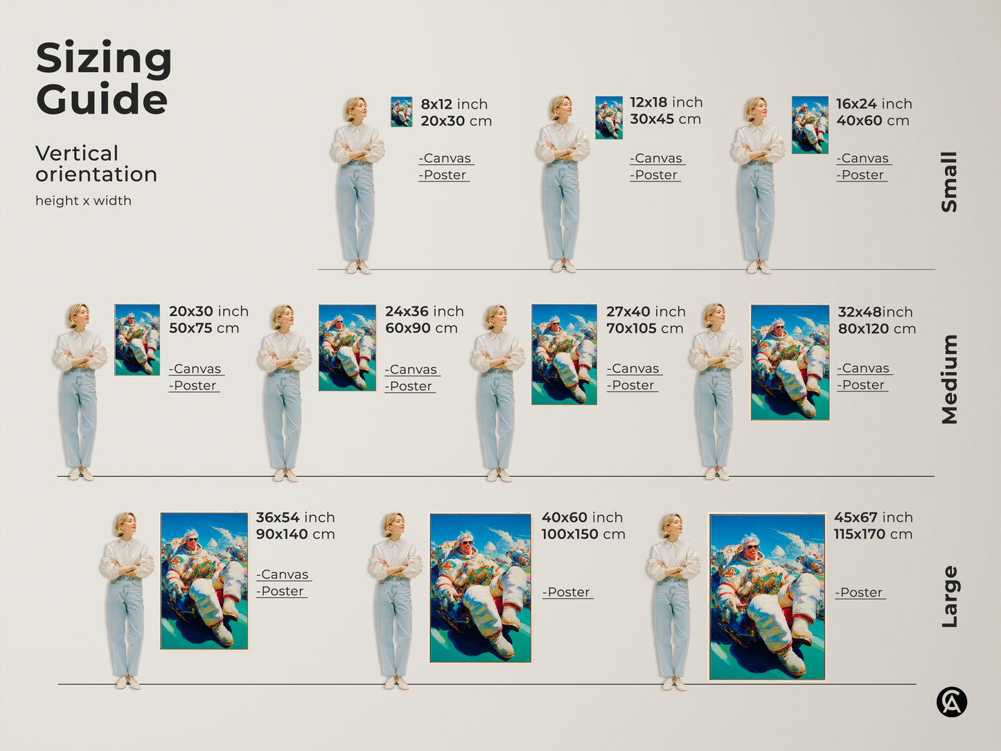 Visualize artwork sizes with this astronaut art sizing guide. See how the artwork transforms spaces. From small 8x12 inch prints to large 45x67 inch canvases. Find the perfect fit for your wall decor.