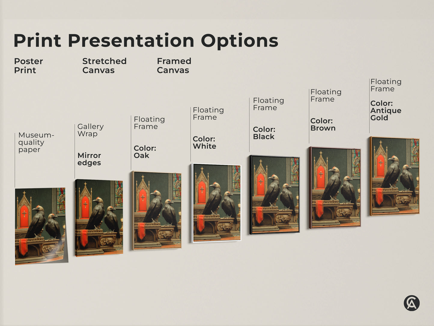 Explore presentation options for Gothic Altar Crow Art. Choose from poster prints stretched canvas or framed canvas. Find the perfect museum-quality gothic decor for your dark academia aesthetic.
