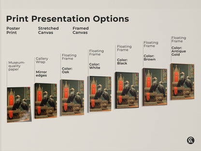 Explore presentation options for Gothic Altar Crow Art. Choose from poster prints stretched canvas or framed canvas. Find the perfect museum-quality gothic decor for your dark academia aesthetic.