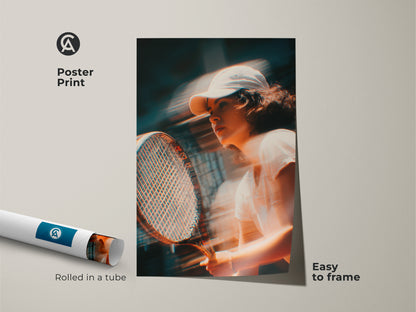Poster print of a tennis player in action. The artwork is rolled in a tube for easy framing. Add a sporty vibe to your home decor. This museum-quality paper print captures the essence of the game. Order now and bring the excitement home.