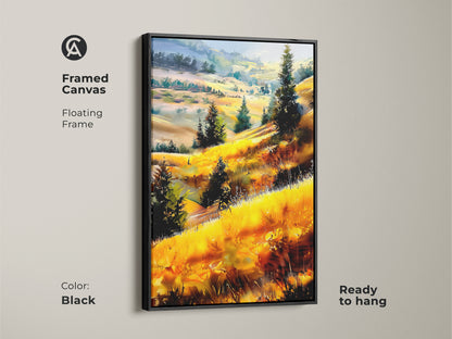 Framed canvas with black floating frame featuring golden hills artwork. Impressionistic landscape wall art is ready to hang. The rustic nature artwork adds a serene touch to the living room.