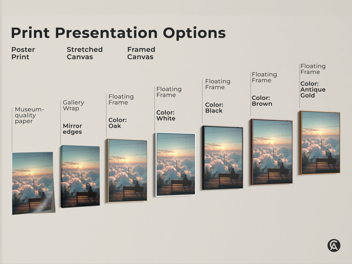Explore print presentation options for the 'Above Clouds Train' artwork. Choose from poster prints stretched canvas and framed canvas. Options include gallery wrap mirror edges and floating frames in various colors. Find the perfect style to showcase this dreamy nature wall decor in your home.