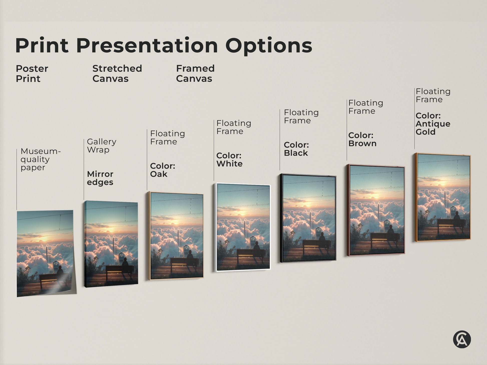 Explore print presentation options for the 'Above Clouds Train' artwork. Choose from poster prints stretched canvas and framed canvas. Options include gallery wrap mirror edges and floating frames in various colors. Find the perfect style to showcase this dreamy nature wall decor in your home.