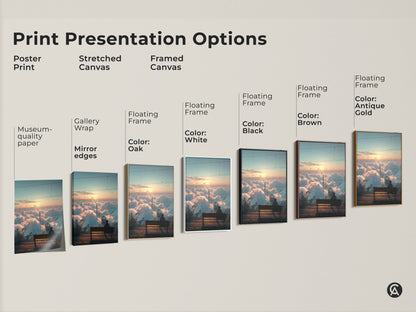 Explore print presentation options for the 'Above Clouds Train' artwork. Choose from poster prints stretched canvas and framed canvas. Options include gallery wrap mirror edges and floating frames in various colors. Find the perfect style to showcase this dreamy nature wall decor in your home.