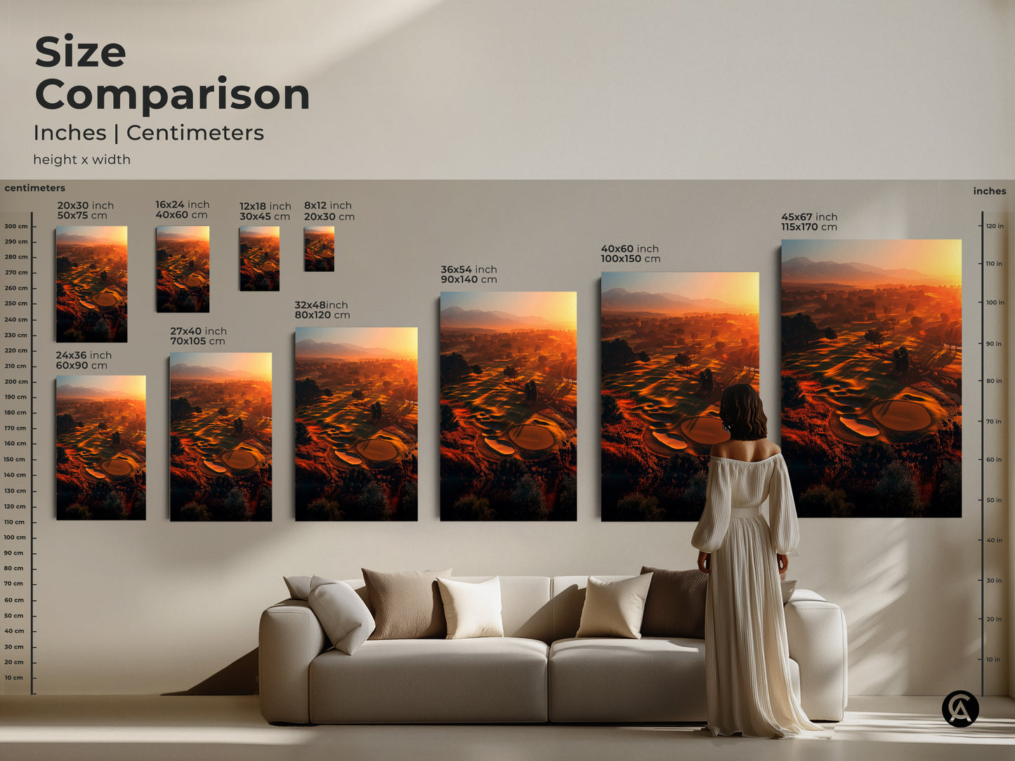 Compare sizes of this captivating golf course sunrise artwork. From small 8x12 inches to large 45x67 inches. See how each size transforms your living space. Visualize the artwork above a couch for the perfect fit. Choose the ideal dimensions for your home decor needs.