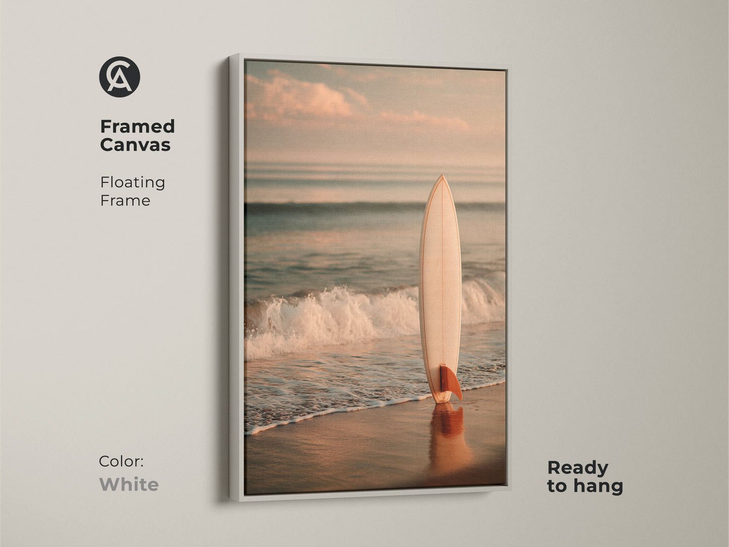 White framed canvas art featuring a surfboard on the beach. The floating frame enhances the artwork. It is ready to hang. This piece brings a touch of coastal charm to your home. Perfect for ocean lovers.