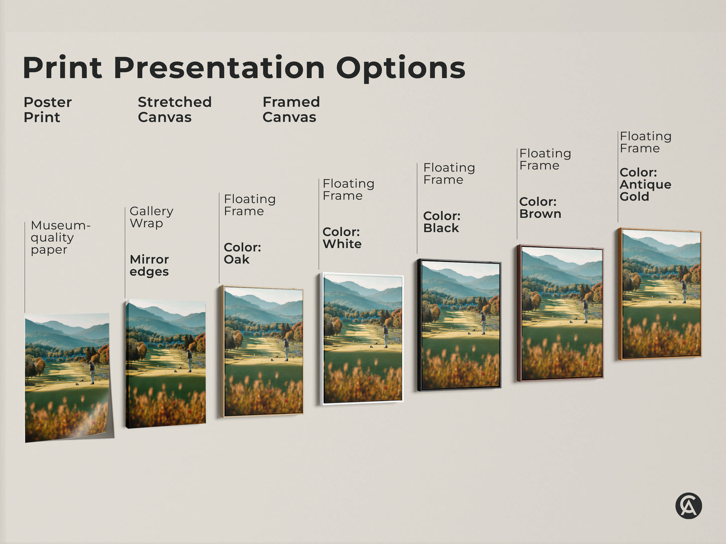 Explore print presentation options for this stunning golf course artwork. Choose from poster prints to stretched canvas and framed canvas. Each option showcases a golfer on a scenic green course with mountains in the background. Find the perfect style for your space.