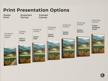 Explore print presentation options for this stunning golf course artwork. Choose from poster prints to stretched canvas and framed canvas. Each option showcases a golfer on a scenic green course with mountains in the background. Find the perfect style for your space.