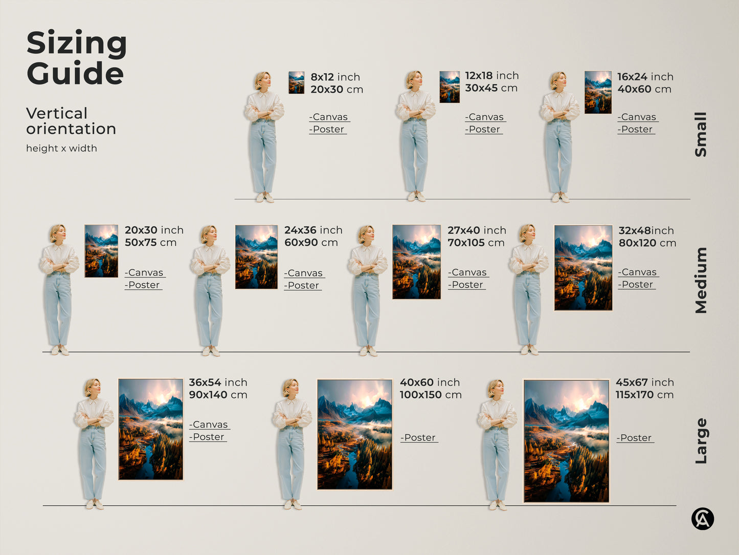 Sizing guide for vertical landscape artwork. Visualize the artwork in sizes from small to large. See how canvas and poster prints fit different spaces. Find the ideal size for your home decor needs. Explore our range of sizes and transform your walls.