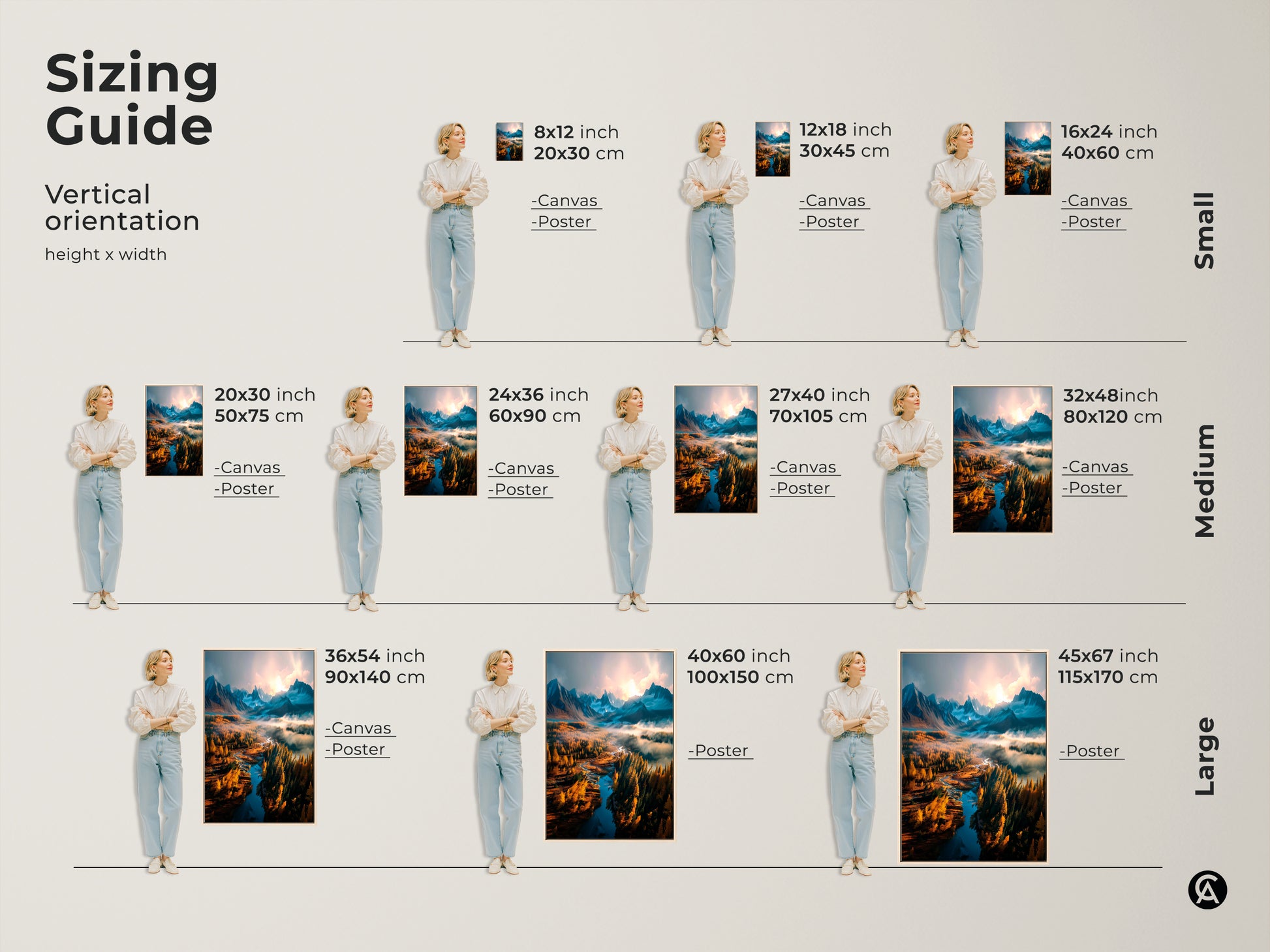 Sizing guide for vertical landscape artwork. Visualize the artwork in sizes from small to large. See how canvas and poster prints fit different spaces. Find the ideal size for your home decor needs. Explore our range of sizes and transform your walls.