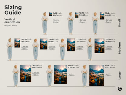 Sizing guide for vertical landscape artwork. Visualize the artwork in sizes from small to large. See how canvas and poster prints fit different spaces. Find the ideal size for your home decor needs. Explore our range of sizes and transform your walls.