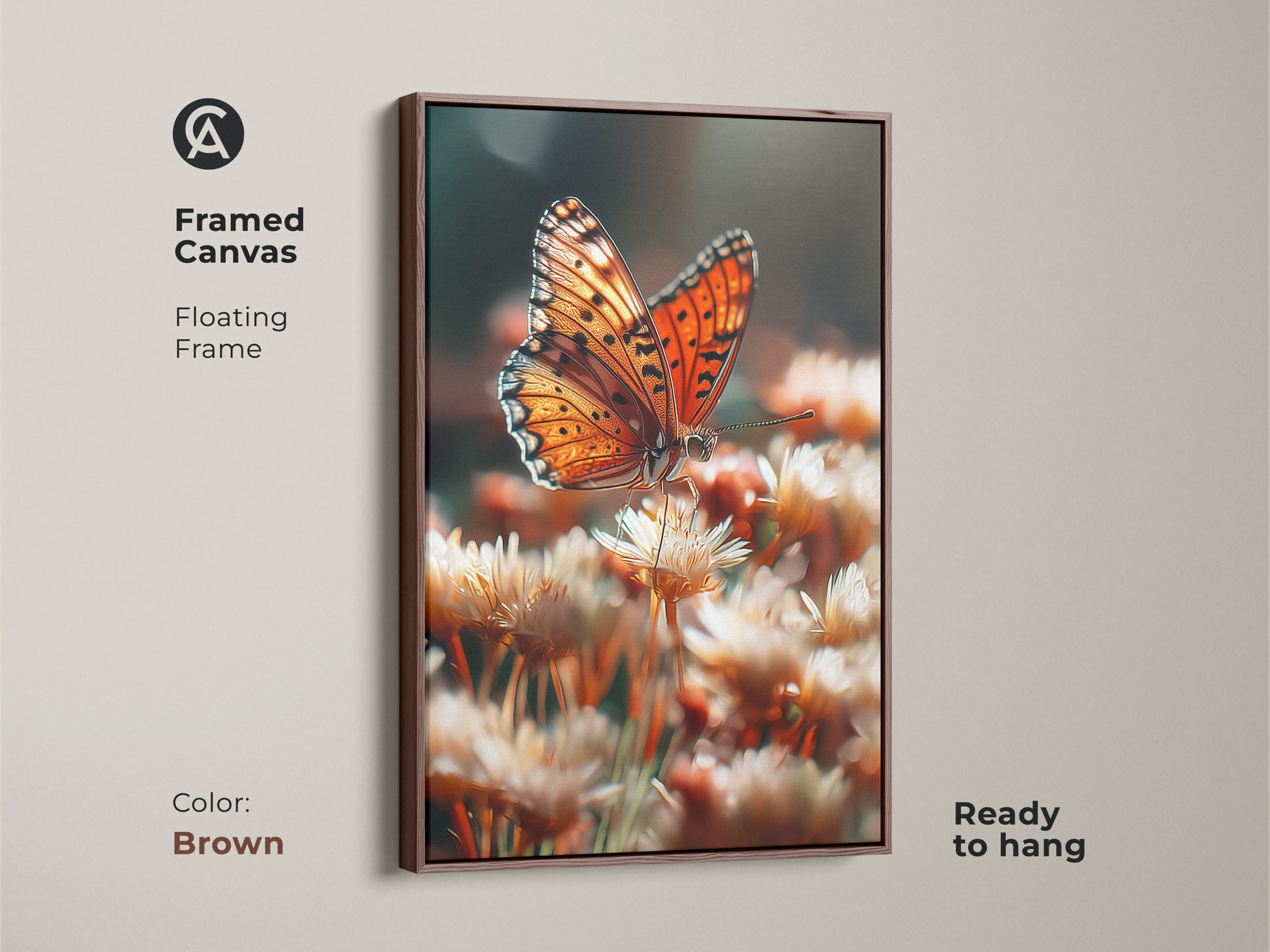 Framed canvas of a realistic orange butterfly. The brown floating frame enhances the warm tones. Ready to hang botanical butterfly artwork perfect for nature lovers. A beautiful piece of insect art for home.