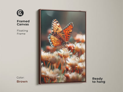Framed canvas of a realistic orange butterfly. The brown floating frame enhances the warm tones. Ready to hang botanical butterfly artwork perfect for nature lovers. A beautiful piece of insect art for home.