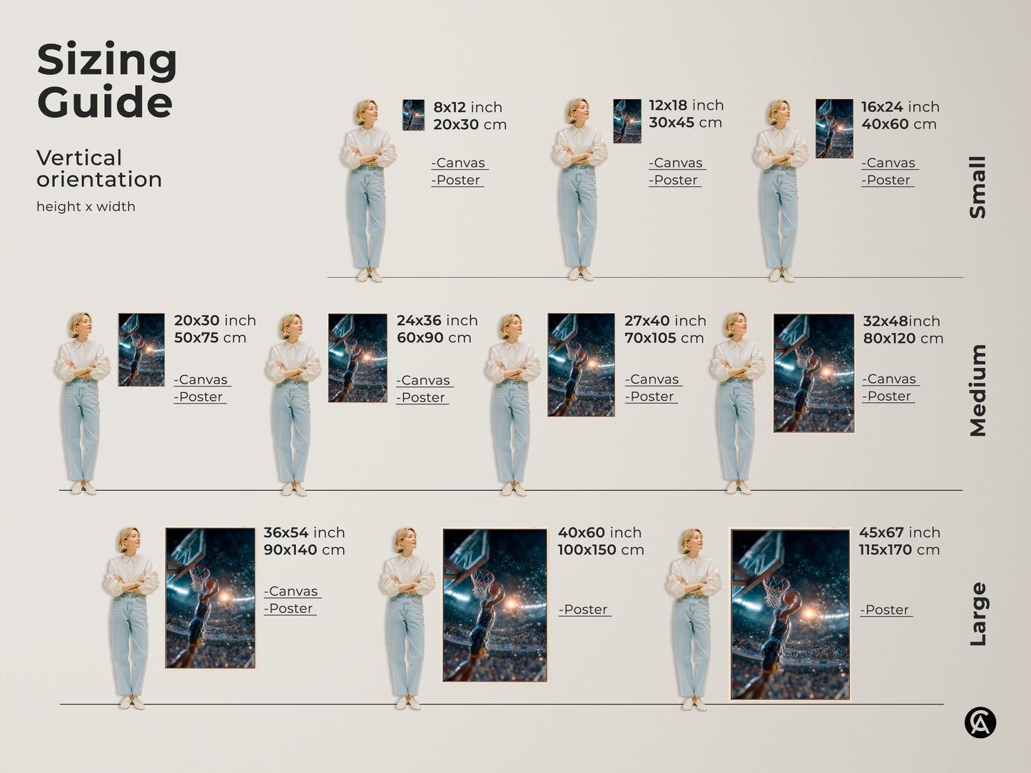 Find the perfect size for your basketball art print. Vertical orientation options range from small to large. Available in canvas and poster formats. Choose from various sizes to fit your space. Transform your walls with dynamic sports artwork. Elevate your decor today.