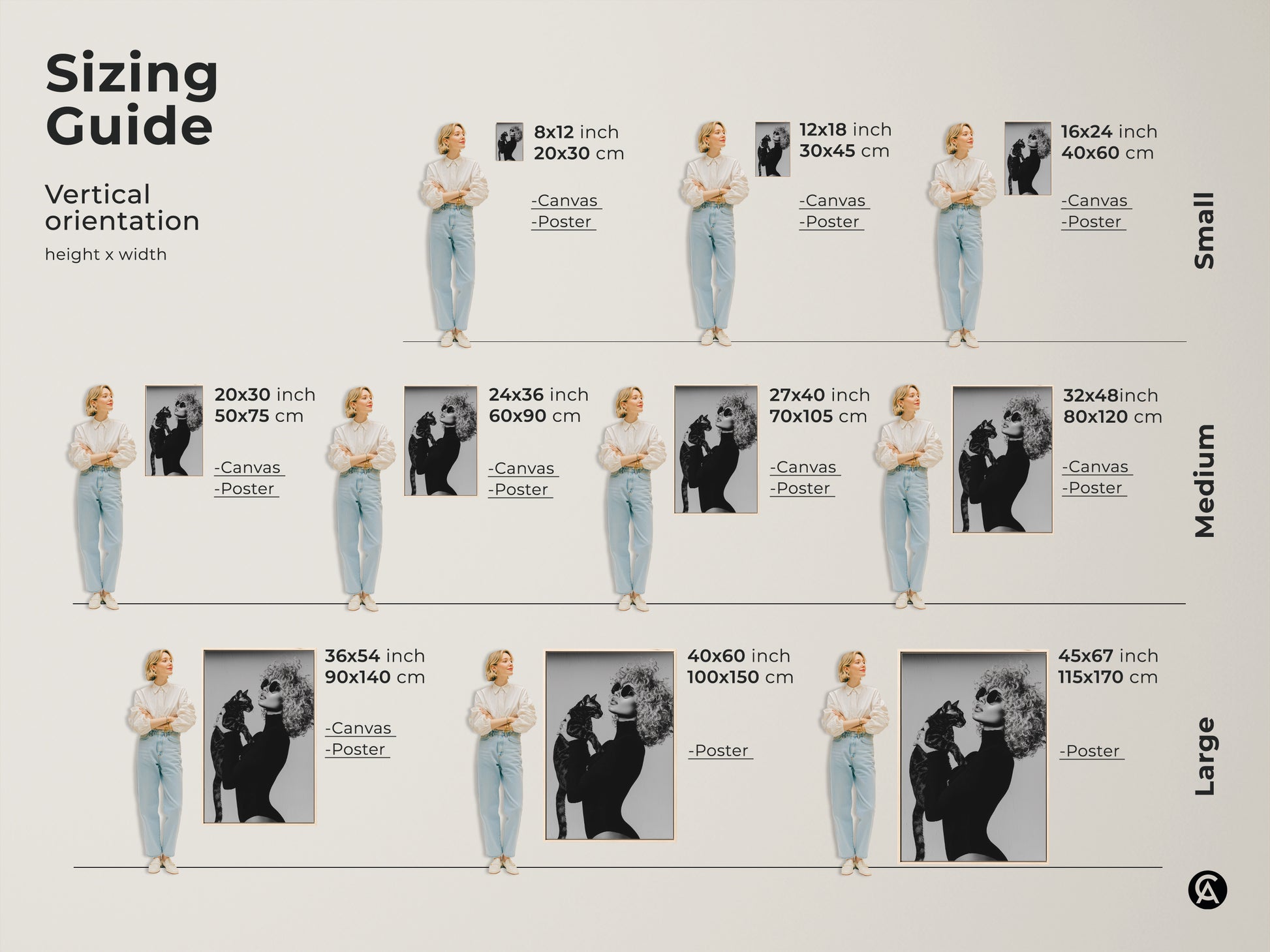 Sizing guide for monochrome fashion art prints featuring a woman with a cat. Available in various vertical sizes for canvas and poster options to fit any space. Contemporary black and white artwork adds glamour to your home decor making it a unique gift for cat moms.