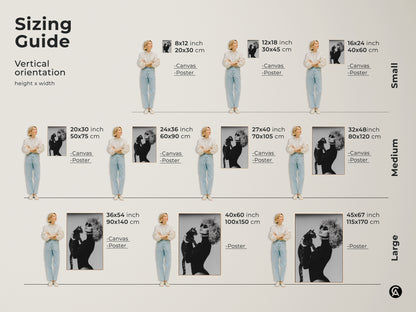 Sizing guide for monochrome fashion art prints featuring a woman with a cat. Available in various vertical sizes for canvas and poster options to fit any space. Contemporary black and white artwork adds glamour to your home decor making it a unique gift for cat moms.