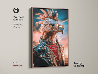 This framed canvas features a punk rock eagle wall artwork. The floating frame is in brown and ready to hang. It is a unique animal wall decor and perfect rock music fan gift. The eagle wears sunglasses and a studded leather jacket.