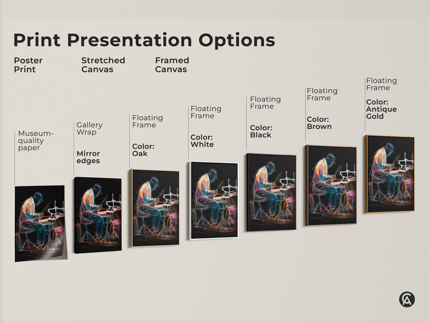 Print presentation options featuring the abstract drummer artwork. Choose from poster print stretched canvas or framed canvas. Each option highlights the line art musician print with orange blue and teal hues. Perfect for eclectic music lover decor.