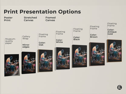 Print presentation options featuring the abstract drummer artwork. Choose from poster print stretched canvas or framed canvas. Each option highlights the line art musician print with orange blue and teal hues. Perfect for eclectic music lover decor.