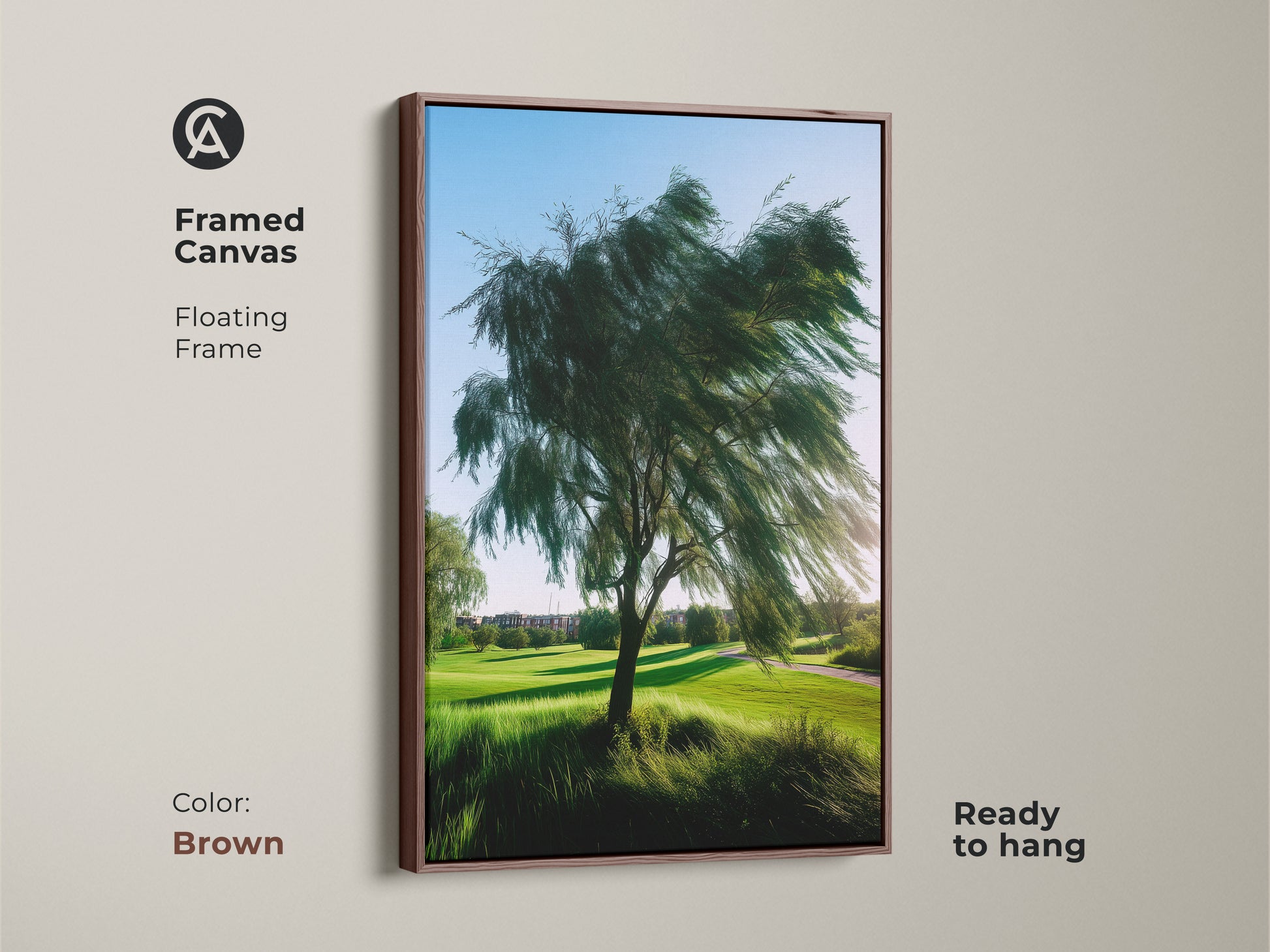 A brown framed canvas shows golf course landscape artwork. The floating frame enhances the windswept tree. This nature photography is ready to hang. Great golfers gift idea for home decor.