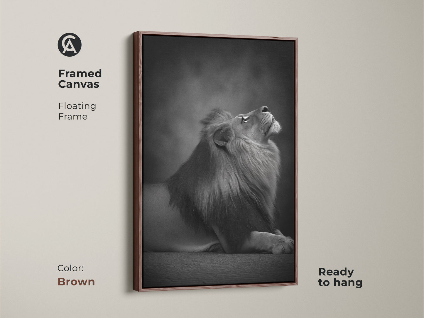 Framed canvas featuring a photorealistic lion in a brown floating frame. This monochrome animal artwork is ready to hang. A contemporary lion artwork for bedroom or office decor. Elegant animal art print.