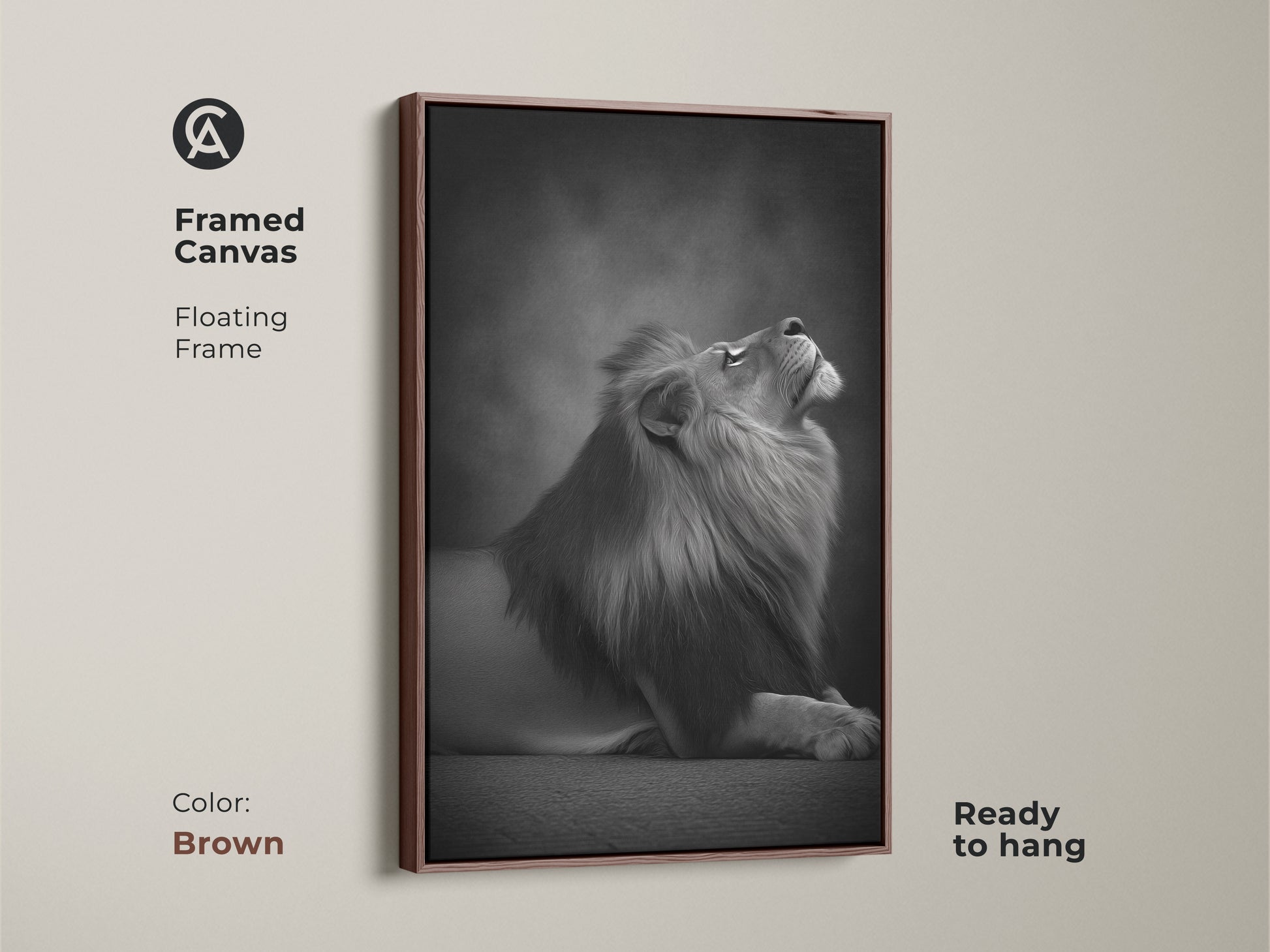 Framed canvas featuring a photorealistic lion in a brown floating frame. This monochrome animal artwork is ready to hang. A contemporary lion artwork for bedroom or office decor. Elegant animal art print.