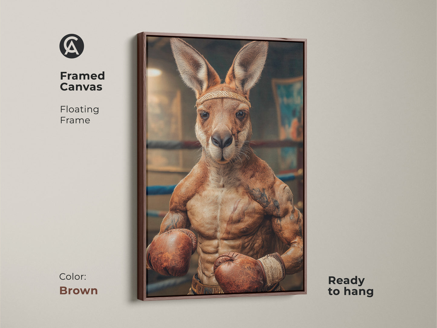 Framed canvas in a brown floating frame of a kangaroo boxer. This artwork is ready to hang. It is the perfect animal portrait art for eclectic home decor. It is a great sports-themed gift for animal lovers. Bring a humorous touch with this art.