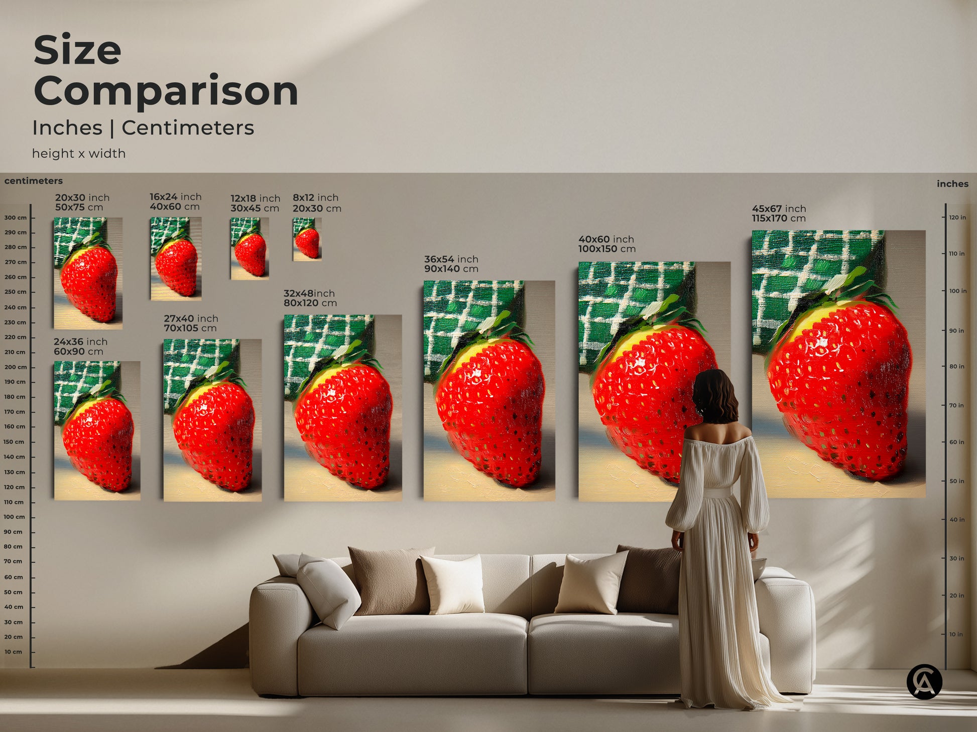 Compare sizes of the red strawberry artwork. Sizes range from small art prints to large canvas pieces. This botanical kitchen decor fits any space. The yellow and green colors add vibrancy. Find the perfect fit for your dining room wall.