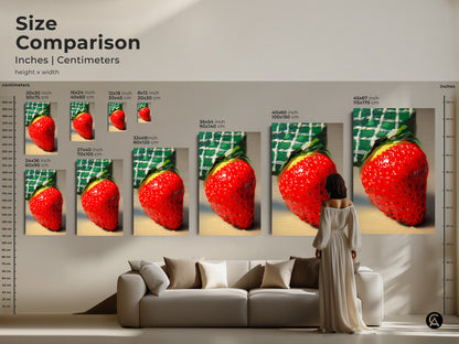 Compare sizes of the red strawberry artwork. Sizes range from small art prints to large canvas pieces. This botanical kitchen decor fits any space. The yellow and green colors add vibrancy. Find the perfect fit for your dining room wall.