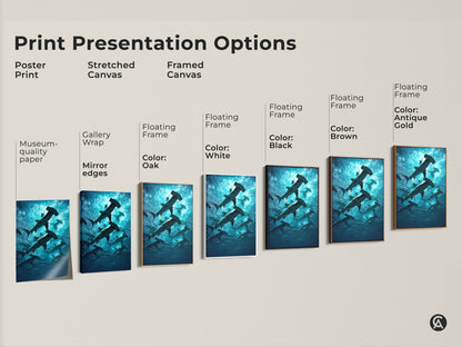 Print presentation options for hammerhead shark artwork. Choose from poster print stretched canvas or framed canvas. Each brings the beauty of the aqua teal ocean and wildlife nature to your walls.