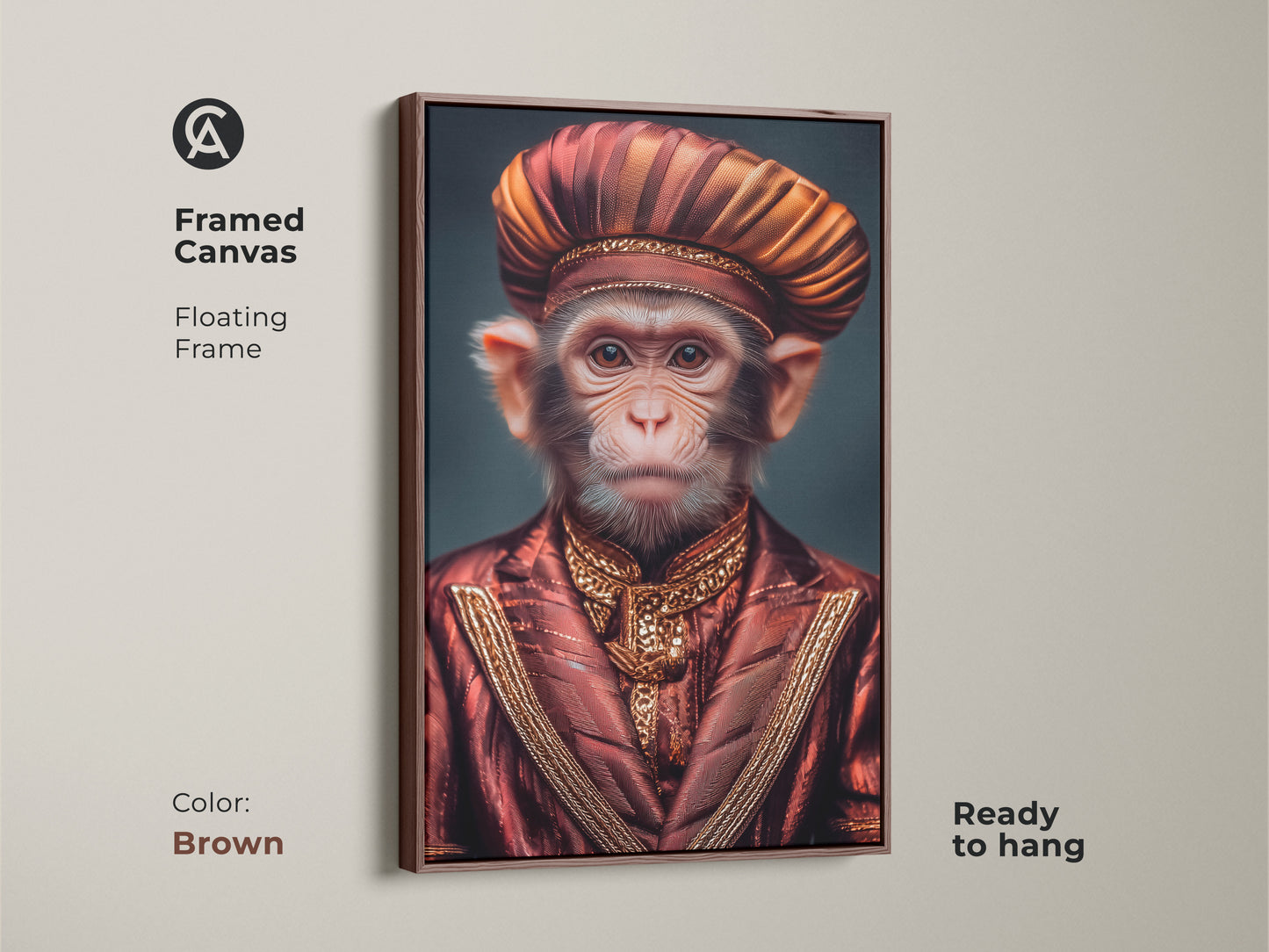 A framed canvas of a regal monkey art print. The surreal portrait features a monkey in an ornate red and gold suit and turban. The floating frame is brown. Ready to hang the ornate suit wall decor adds a conversation-starting element to any maximalist room decor. This is artist created wall decor.