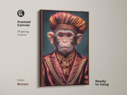 A framed canvas of a regal monkey art print. The surreal portrait features a monkey in an ornate red and gold suit and turban. The floating frame is brown. Ready to hang the ornate suit wall decor adds a conversation-starting element to any maximalist room decor. This is artist created wall decor.